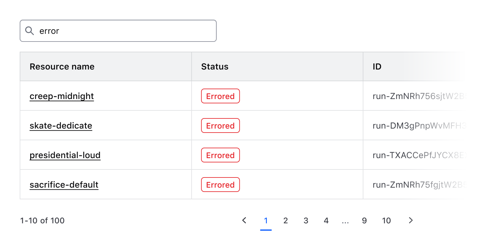 An example of the term "error" searched for across a simple dataset in a table