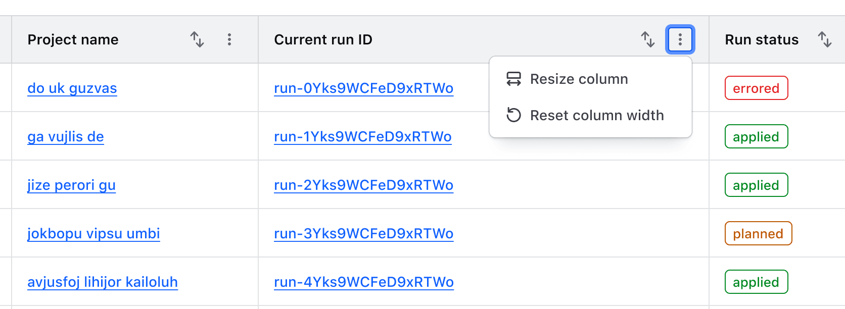 An open context menu in the Advanced Table displays two options; resize column, and reset column width