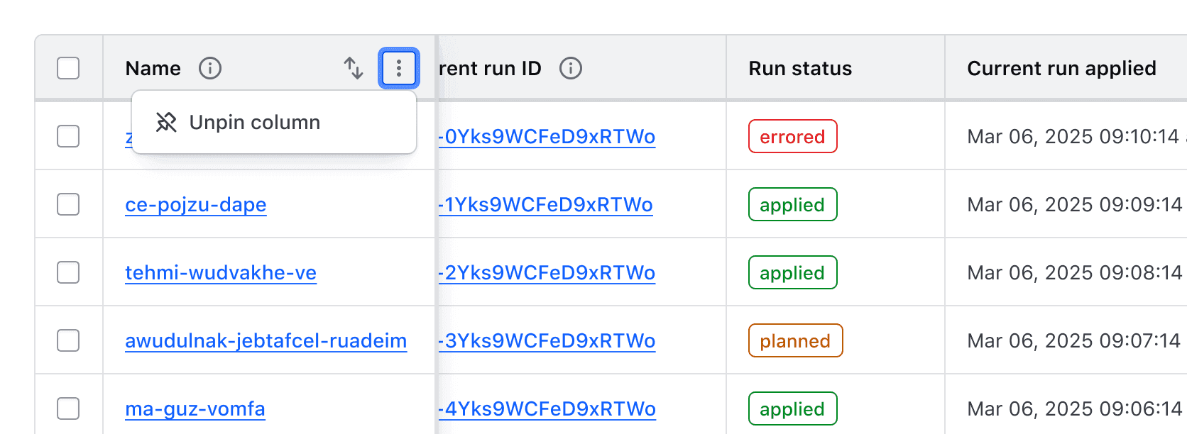 Once pinned, the same context menu in the column header cell will then contain single "Unpin column" option